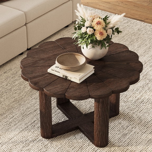 LINSY HOME 31.5" Round Solid Wood Coffee Table, Farmhouse Flower Petal-Shaped Coffee Table, Natural Fir Wood Center Table for Living Room, Dark Brown