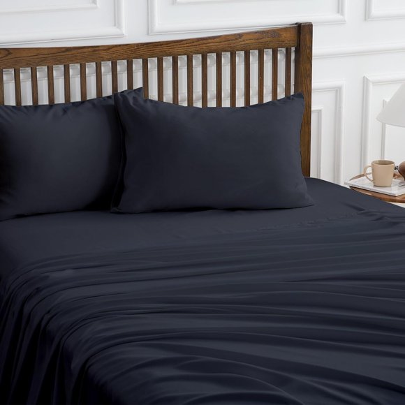 Biwat-Hitime California King Size 4-Piece Sheet Set - Ultra Soft & Breathable Polyester Bed Sheets, All Season Cooling Bedding with Deep Pockets, Wrinkle & Fade Resistant (Navy, California King)