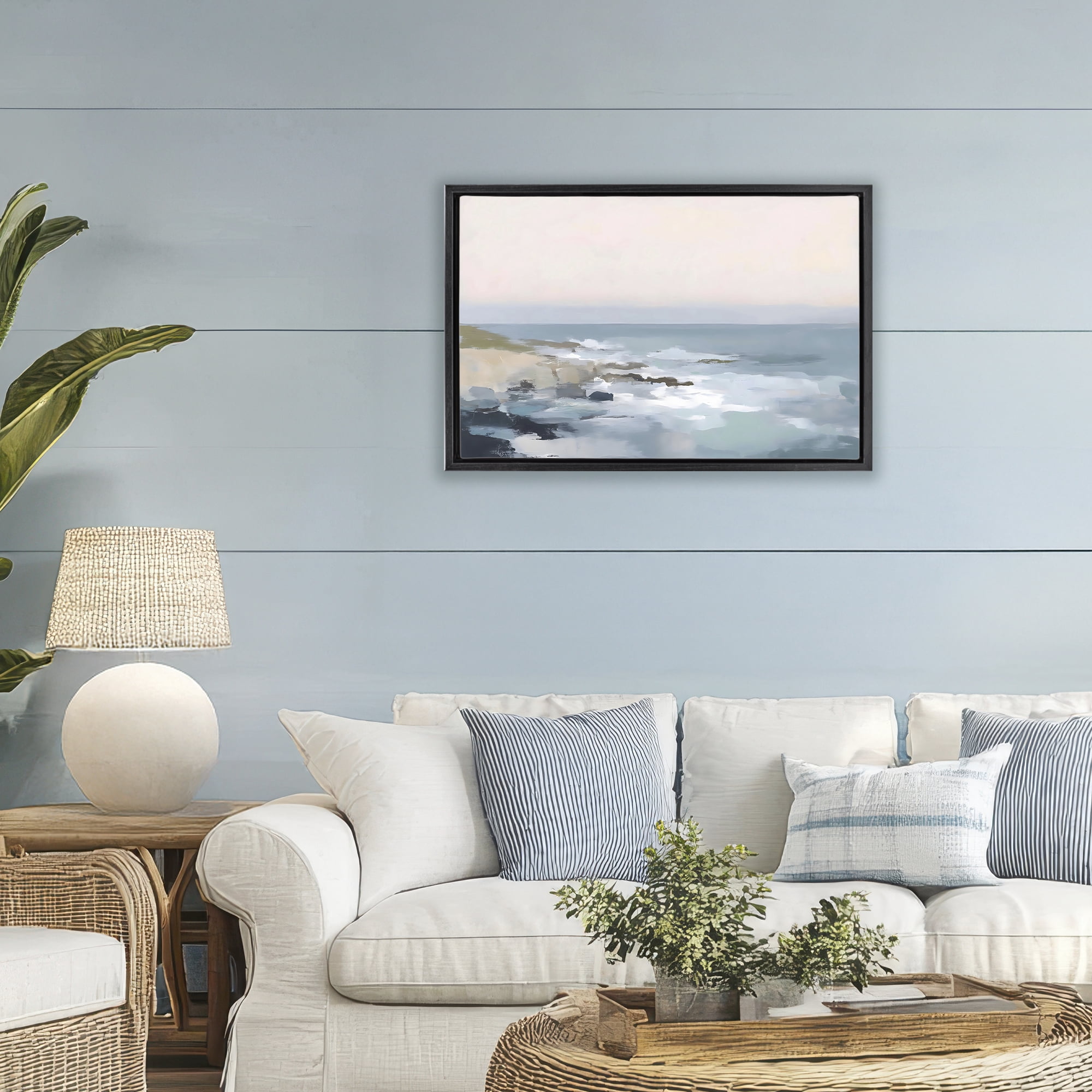 Stupell Industries Serene Coastal Ocean Scene Black Framed Floater Canvas Wall Art, design by Creative Studio