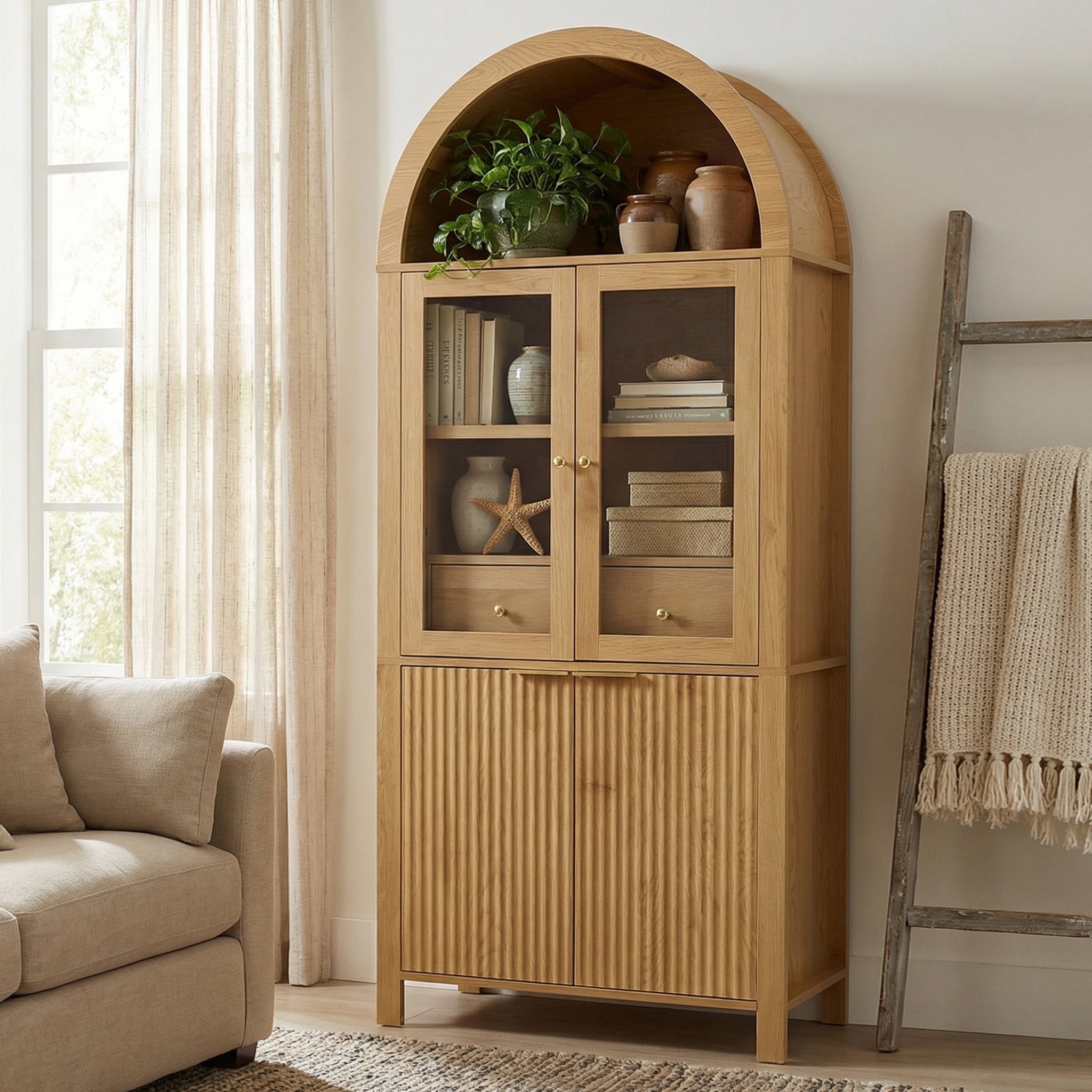 Mintazer 71" Fluted Tall Arched Kitchen Pantry Cabinet with Adjustable Shelves, Freestanding Storage Cabinet with Glass Doors & Drawer for Kitchen Living Room Dining Room, Natural