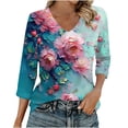 thumbnail image 2 of Ounisa T-Shirts à Manches 3/4 pour Femmes Col en V Manches Raglan Chandail Imprimé Décontracté Tendance Printemps Été Mode Hauts P-2TG, 2 of 6