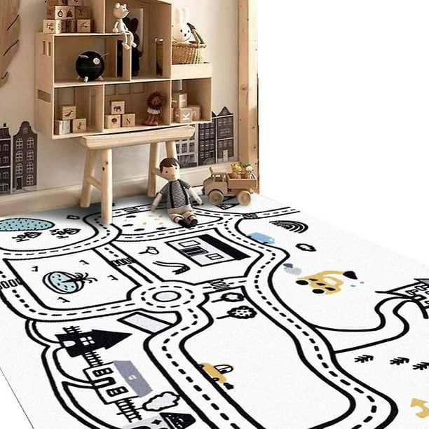 Tapis et tapis de jeu rampants de bande dessinée d'enfants avec la  conception de piste de route de ville de voiture pour la chambre de garçons  100x80cm 