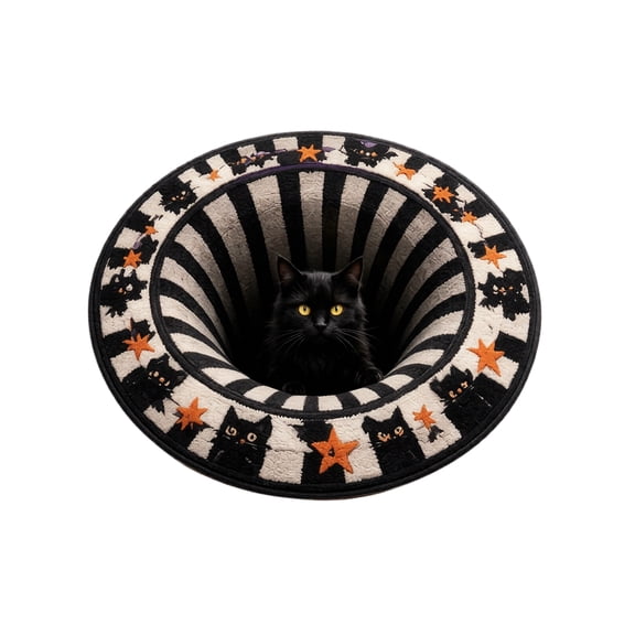 ZsaeSM 3D Halloween Rug Novelty Black Cat Pattern Optical Illusion Rugs Vortex Illusion Circular Mat with Crystal Velvet Soft & Durable Fabric Non-slip 15.75" x 15.75"