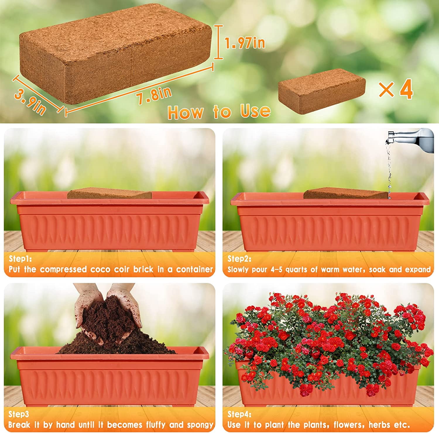 4 Pack Premium Coco Coir Brick for Plants- 100% Organic Compressed Coconut Coir Bricks Starting Mix, Coco Coir Fiber Coconut Husk for Planting, Gardening, Potting Soil Substrate, Herbs