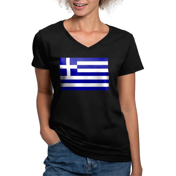 CafePress - Greece Flag Women's V Neck Dark T Shirt - Women's V-Neck Dark T-Shirt