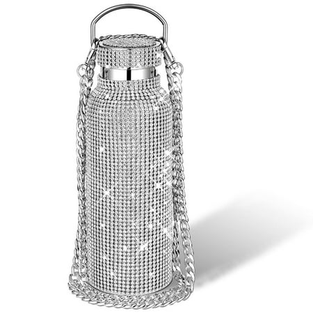 

Diamond Water Bottle Bling Rhinestone Stainless Steel Thermal Bottle Refillable Water Bottle Insulated Water Bottle Glitter Water Bottle with Chain for Women - Silver
