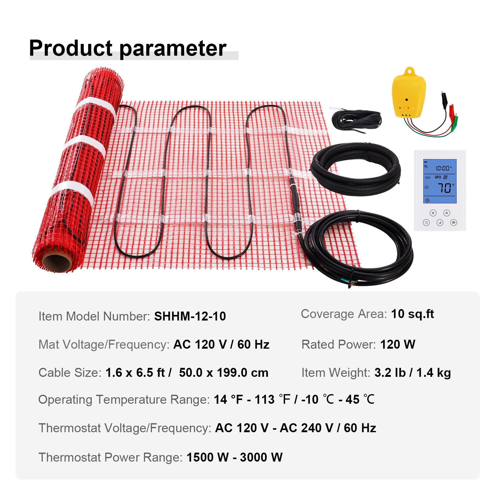 Underfloor Heating Mat 10 sq ft 1.6x6.5 ft 2" Spacing with Programmable Thermostat GFCI for Tile Laminate Floor