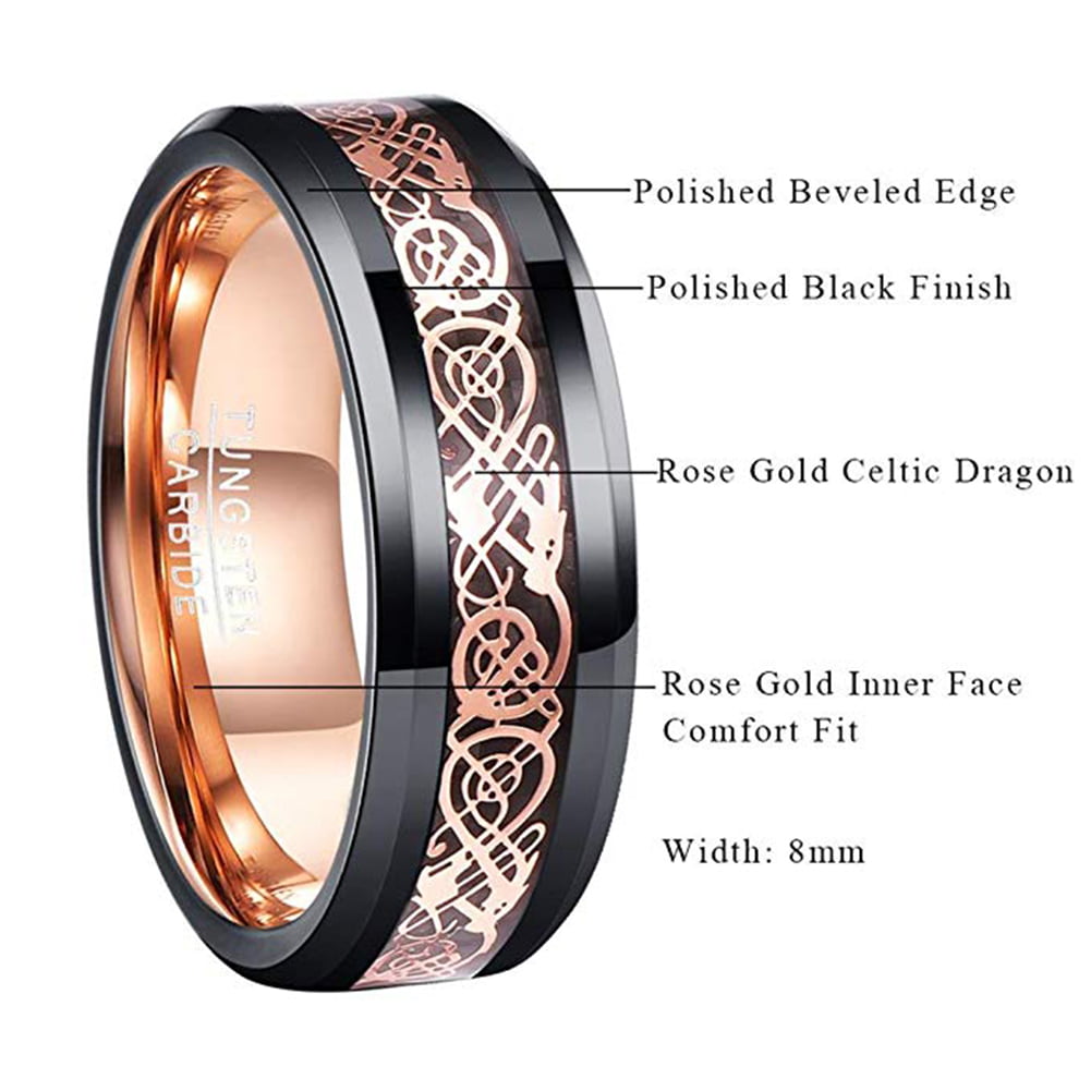 Nuncad 8MM Black Tungsten Carbide Ring for Men Rose Gold Celtic Dragon Beveled Edge Wedding Band Size N½ to X½