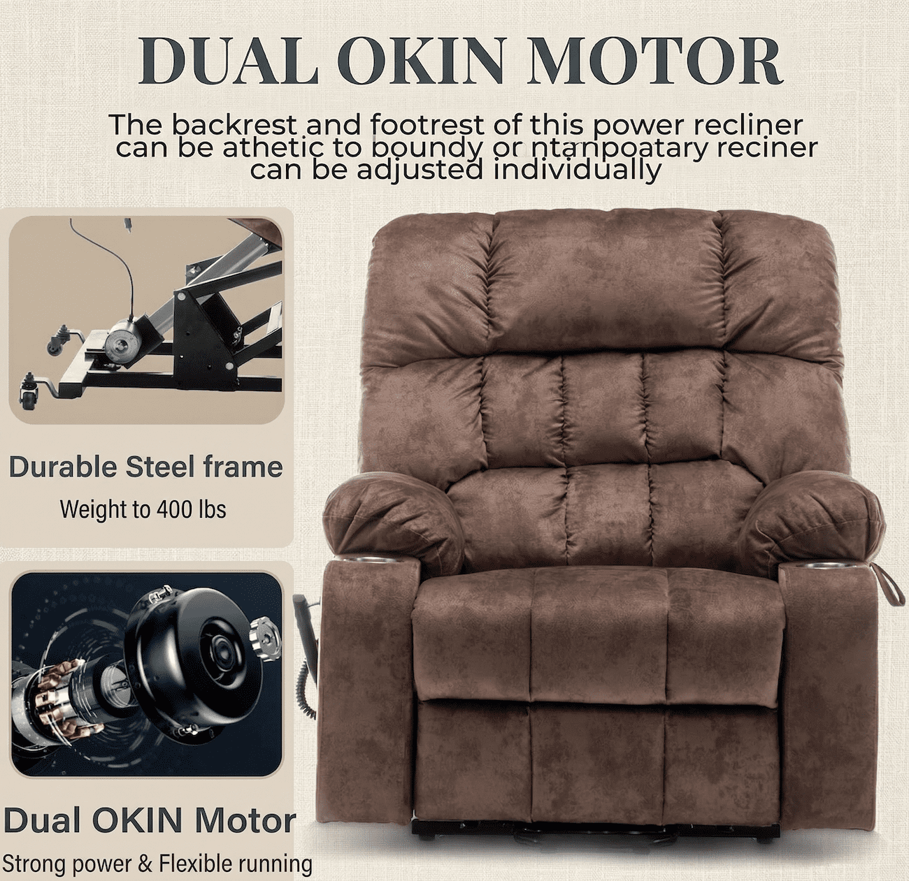 Power Lift Recliner Chair for Elderly with Massage and Heat, Dual Motor Infinite Position Recliner up to 180°, Overstuffed Wide Recliner with Cup Holders, Heavy Duty 400 lbs, Brown Velvet