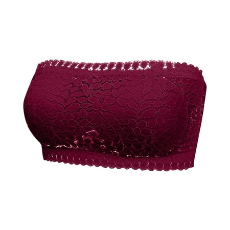 Gnurob Womens Tube Tops Strapless Crop Top Basic Backless Bandeau Lace Push Up Bra Wirefree Seamless Bralettes Hide Back Fat Bras with Removable Strap Clearance Saving Wine One Size