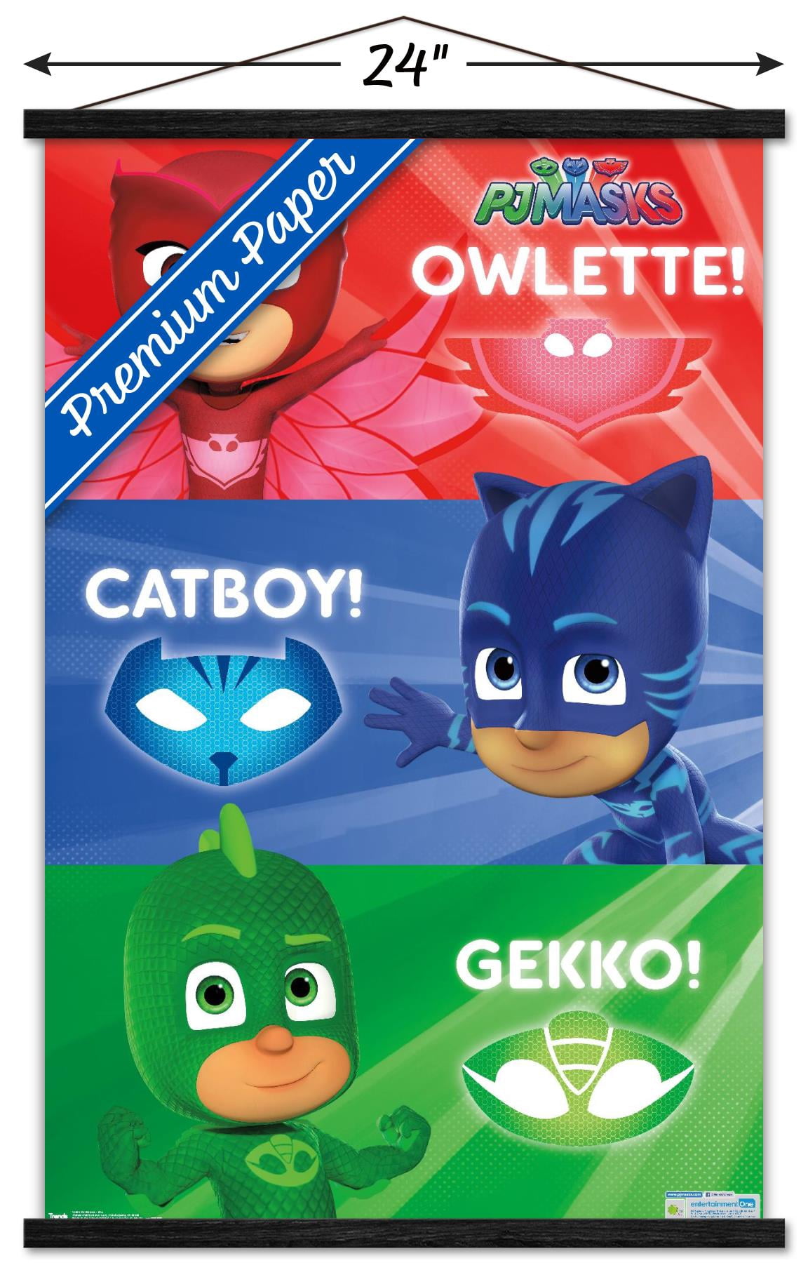 PJ Masks - Trio Wall Poster with Wooden Magnetic Frame, 22.375" x 34"