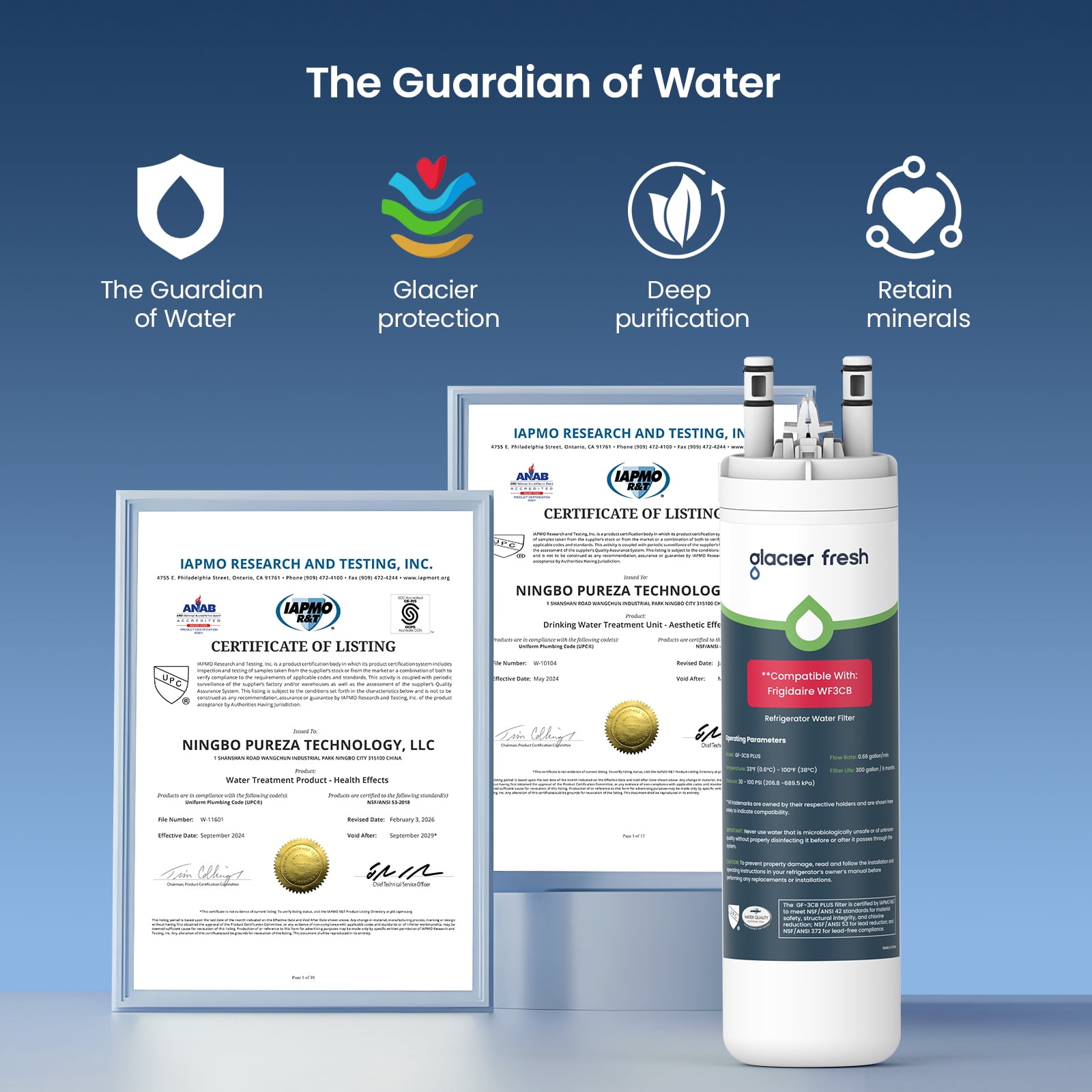 GLACIER FRESH WF3CB Refrigerator Water Filter, NSF/ANSI 53 & 372 Certified, Compatible with PureSource 3, WF425, 706465, PS3412266, AP4567491, 242017800, 1 Pack