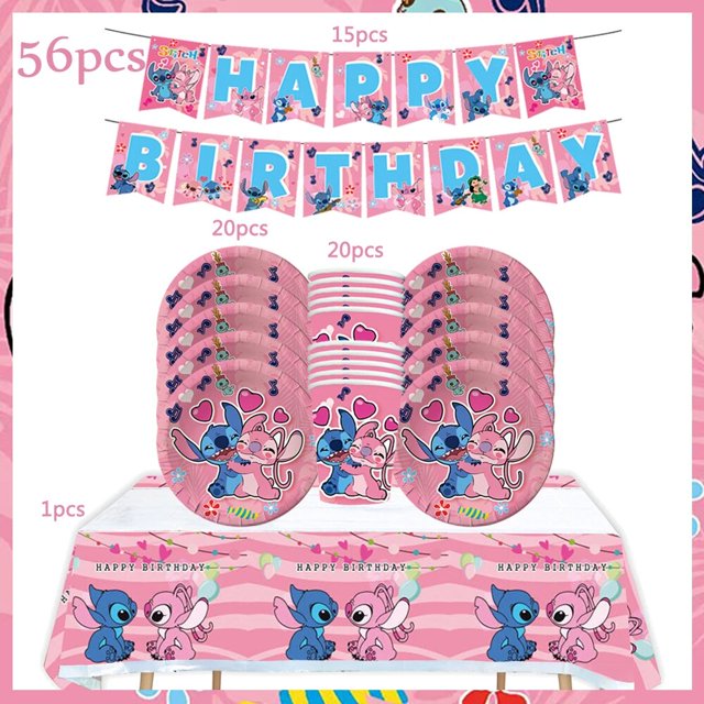 Disney-Juego de vajilla desechable para fiesta, mantel de mesa con pancarta, regalo de cumpleaños para niños, globo de puntada rosa