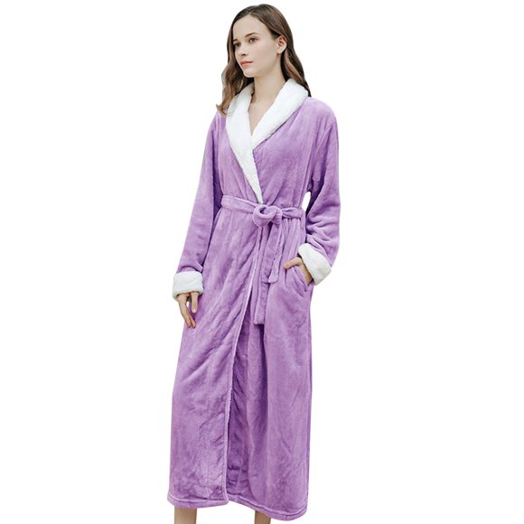 Women's Robe Soft Cozy Bathrobe Long Sleeve Nightgown Loungewear Winter Warm Kimono Style Shirtwaist Housecoat