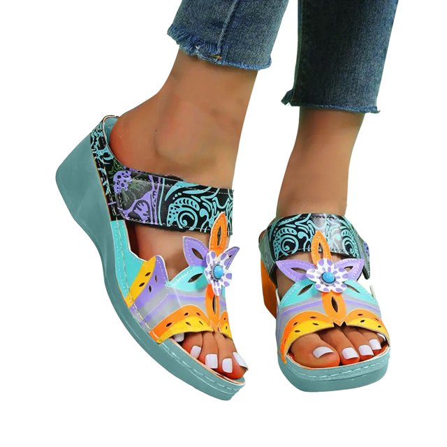 Flower Wedge Sandals for Women 2025 Boho Colorful Leather Open Toe Platform High Heel Slip on Dress Slippers