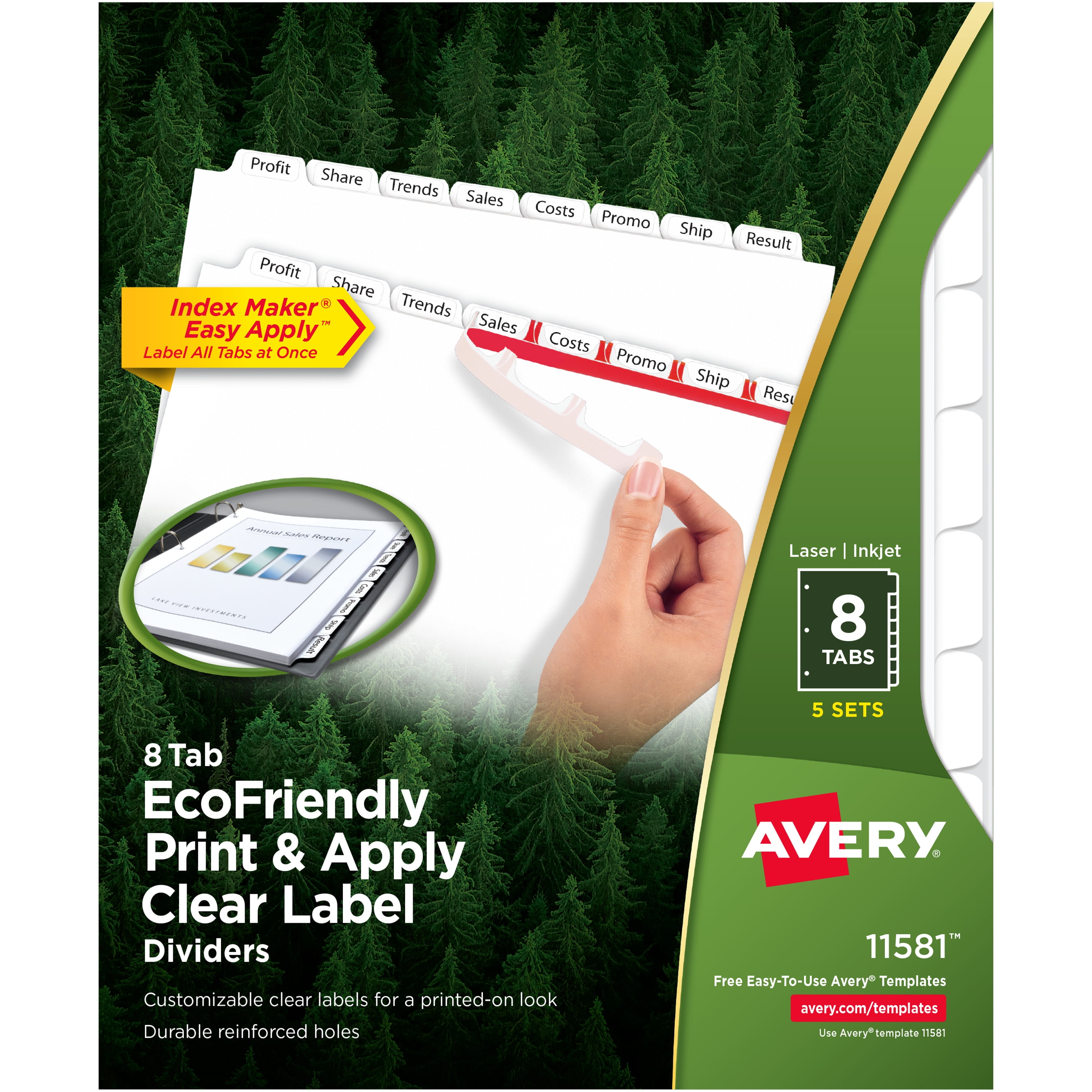 Avery 8 Tab Eco Friendly Dividers for 3 Ring Binder, Easy Print & Apply Clear Label Strip, Index Maker Customizable White Tabs, 5 Sets (11581)