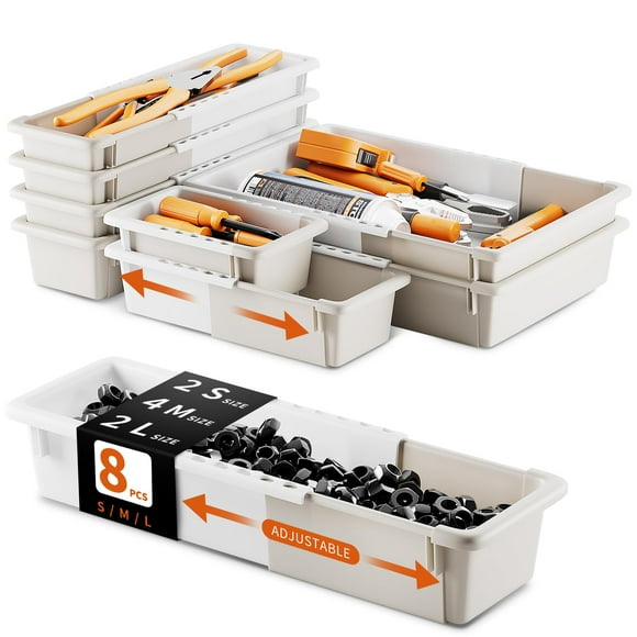 8 Pack Expandable Tool Drawer Organizer Tray Divider, Adjustable Dresser Drawer Organizers, Tool Box Desk Drawer Organizer Separators, Toolbox Organization and Storage (8 Pack)