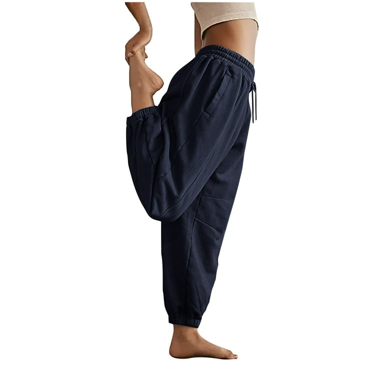 FAIWAD Women's Straight Trousers Drawstring Elastic High Waist Pants with  Pockets Solid Color Loose Sweatpants (XX-Large, Navy) 