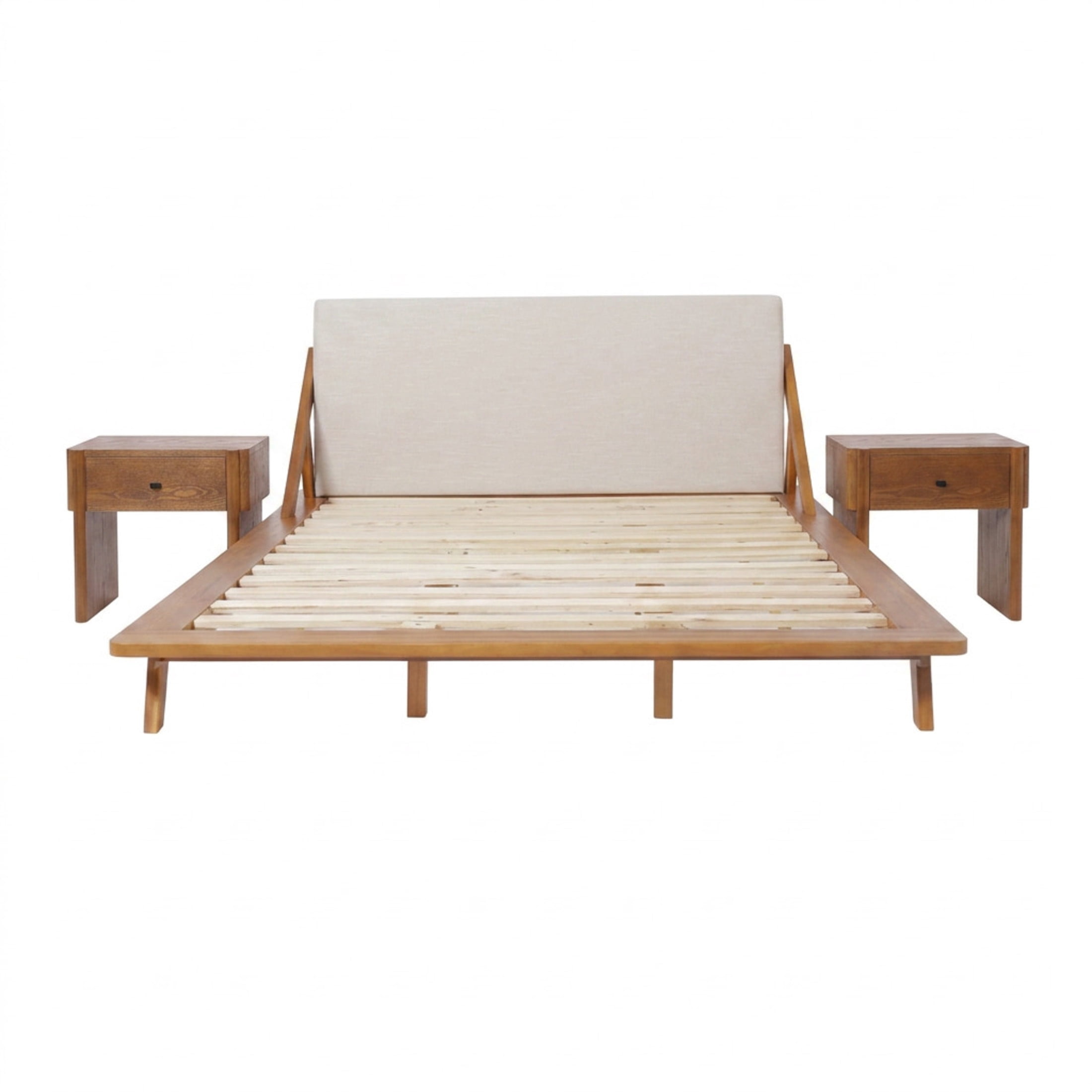 Christopher Knight Home Queen Bed Frame with Upholstered Headboard and 2 Brown Nightstands, Beige+Natural