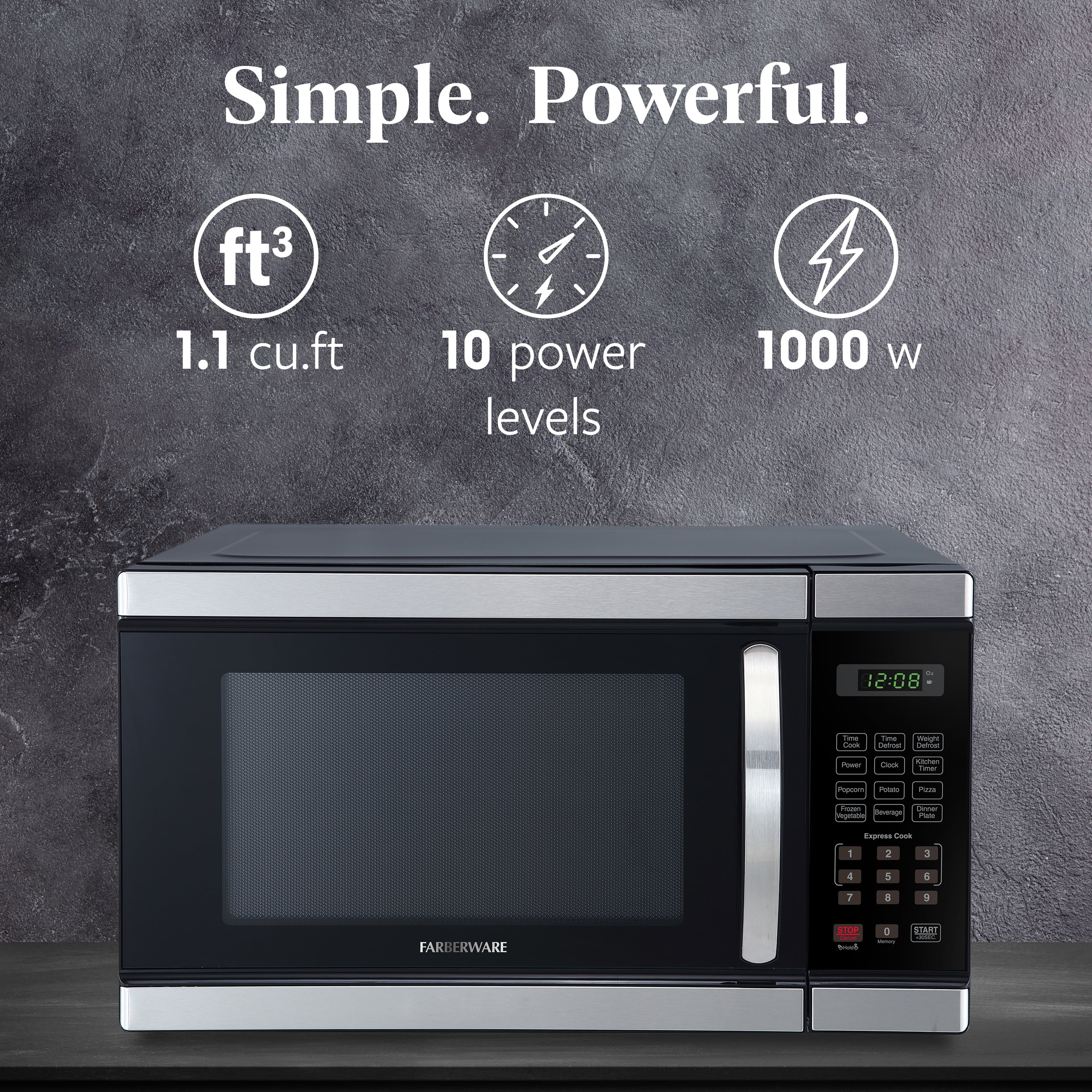 Farberware 1.1 cu ft Microwave Oven, 1000W Professional Countertop Microwave Oven, Stainless Steel