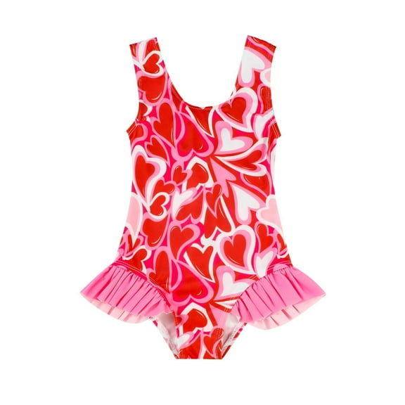 Hiijoy Infant Girls One-Piece Swimsuit Hearts Print Ruffle Bathing Suit Swimwear, Sizes 6M-5T