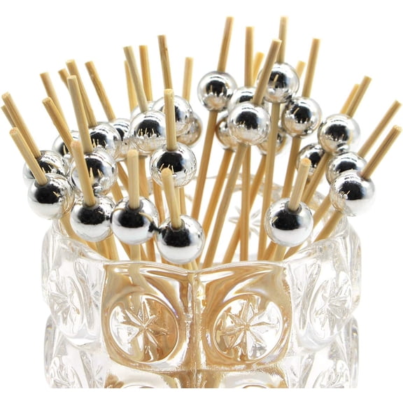 Minzimin 100 Counts Pearl Cocktail Picks, 4.7 Inch Long Bamboo Fancy Toothpicks for Appetizers, Decorative Christmas New Year Holiday Party Food Drink Garnish Fruit Kabob Skewer Sticks
