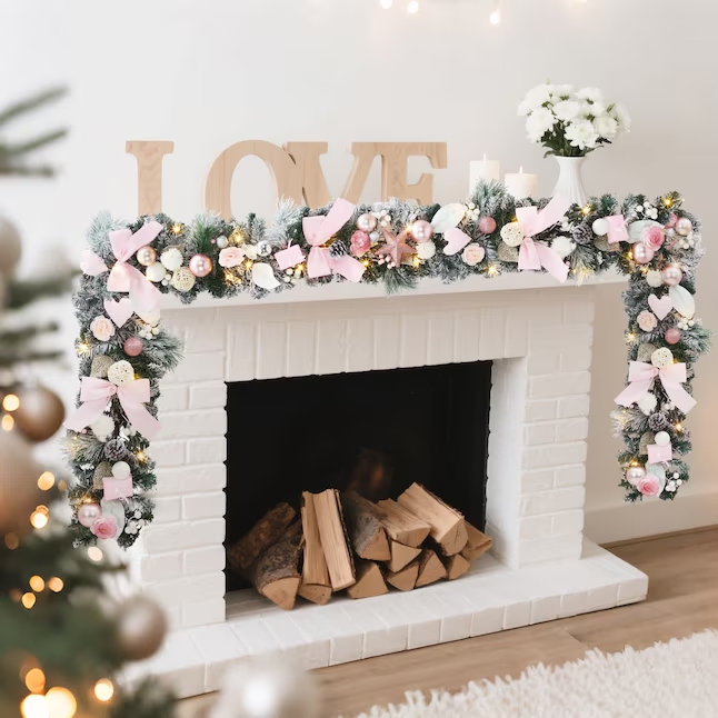 Guvpev 6FT Christmas Garland with Lights Holiday Accent Door Garland with Pink Bows Colorful Balls for Indoor Outdoor Gatherings Parties