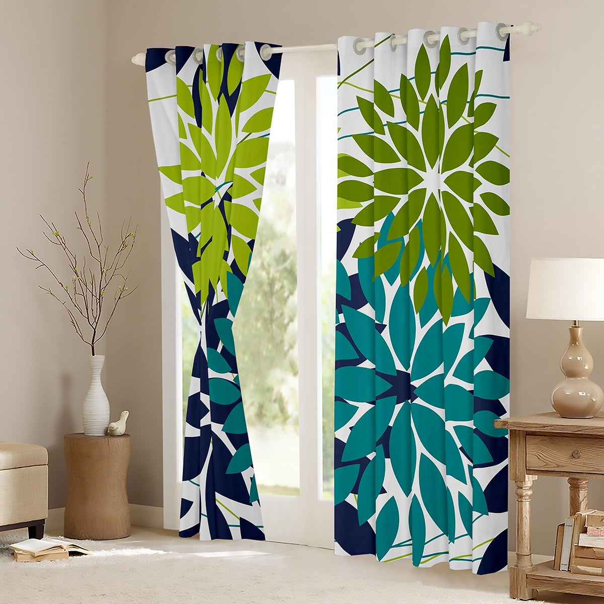 Manfei Floral Dahlia Curtains Pack of 2 (38x54),Geometric Geometric Flower Black Out Curtains,Blue Green Cyan Curtains for Living Room,Microfiber Bedroom Decor