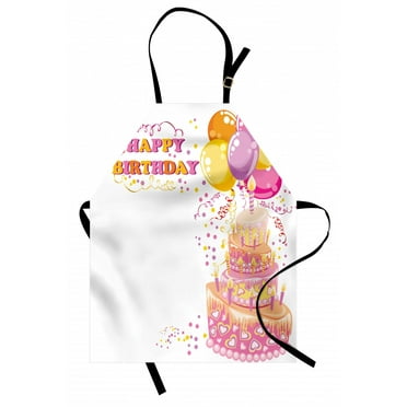 Kids Birthday Apron Celebration Girl Themed Party Cake Candles Balloons Hearts Image Print, Unisex Kitchen Bib Apron with Adjustable Neck for Cooking Baking Gardening, Pink and Orange, by Ambesonne