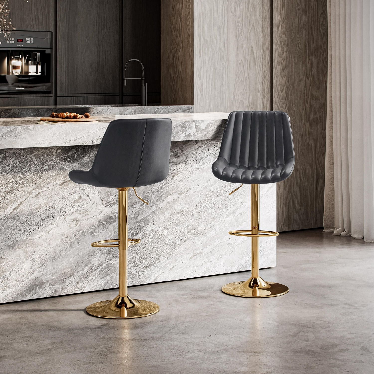 CorLiving Arwen Set of 2 Faux Leather Upholstered Adjustable Height Gold Base Indoor Barstools