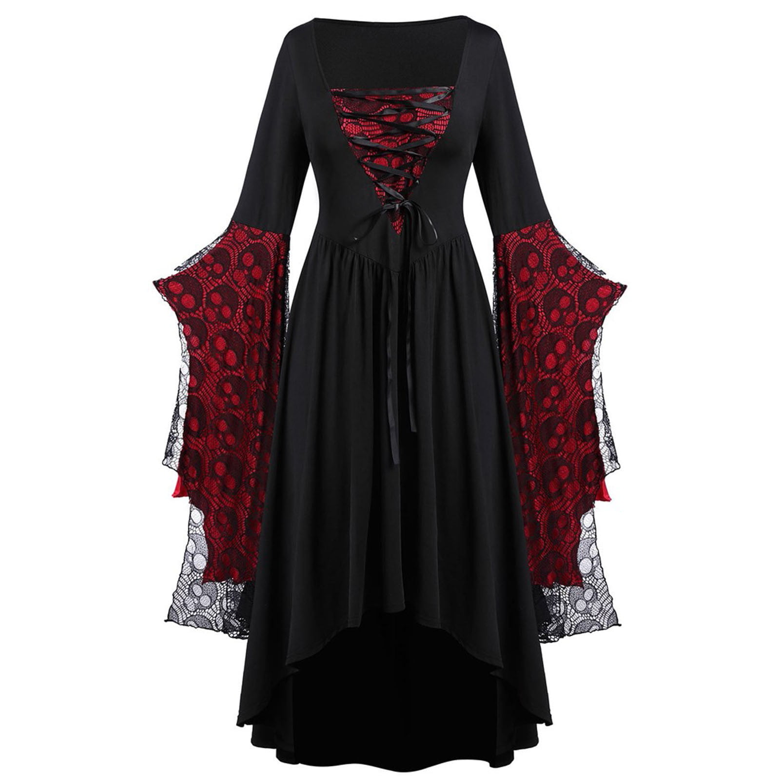 Plus Size Dresses for Women Gothic Skull Lace Stitching Swing Dress Retro Long Sleeve Party Mini Dress 