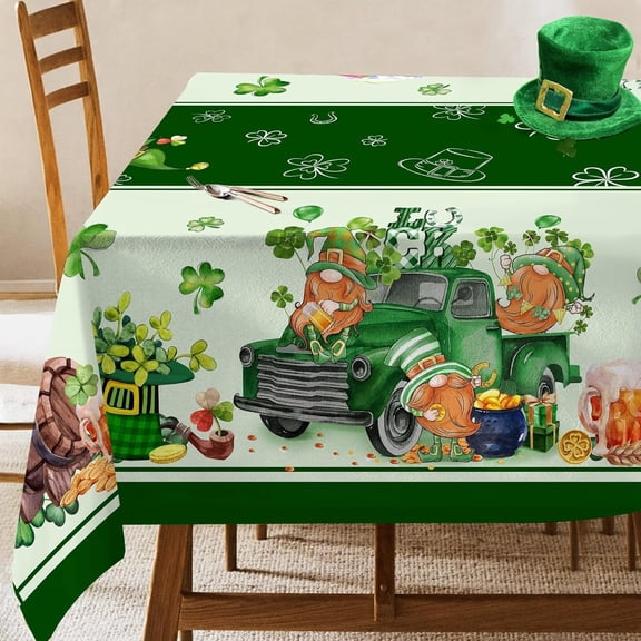 St Patricks Day Tablecloth Rectangle 60 x 84 Inch, Green St Patrick''s Day Shamrocks Table Cloth Gnome Truck Cover for Party Home Dinner Decor