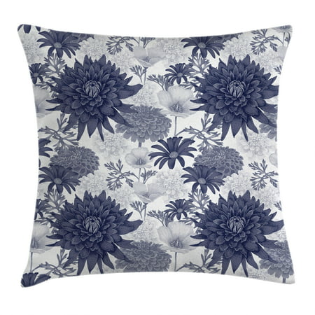 Dahlia Flower Decor Throw Pillow Cushion Cover, Dotted Digital Paint of Dahlias Botanical Curved Rolled Wild Ray Blunts, Decorative Square Accent Pillow Case, 18 X 18 Inches, Blue White, by
