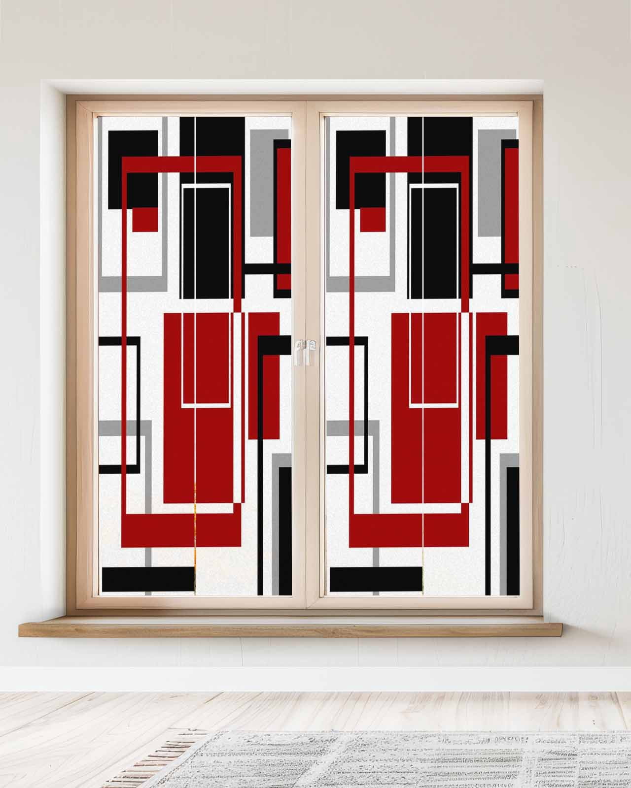 Window Privacy Film Red Black Geometric Stained Glass Window Film Decorative Sun Block Window Cover Contemporary Gray Abstract Stripes Window Clings Static Adhesive Sticker for Bathroom 23.6"x59"