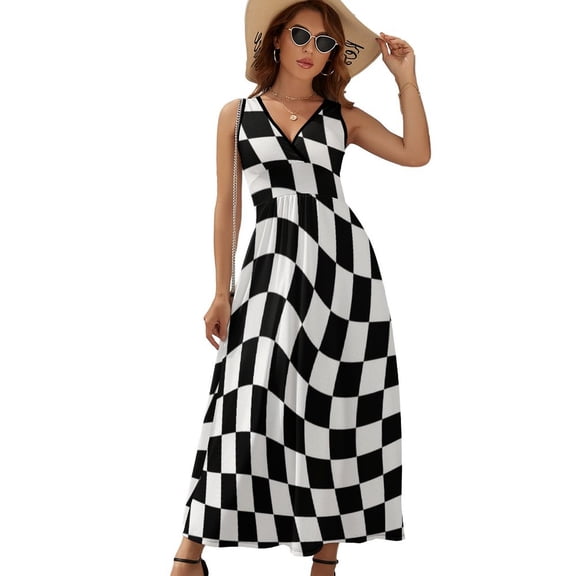 Warped Checkerboard Dress Summer Street Style Bohemia Long Dresses Female Sleeveless Printed Maxi Dress