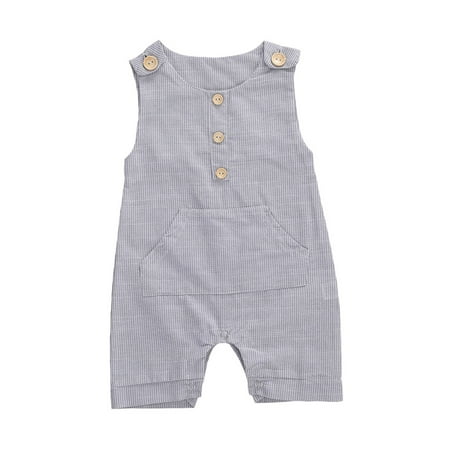 

Summer Infant Boys Girls Romper One-pieces Sleeveless Button Striped Pocket Jumpsuits Newborn Baby Playsuit 0-18M Children Clothing