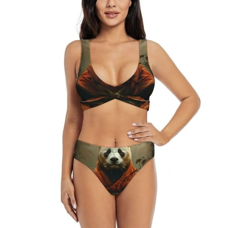 Zeuib Jungle Meditating Panda High Waisted Tummy Control Bikini Set - Knot Front Push Up Top & Cheeky Thong Bottom  Two-Piece Swimsuit for Women-Large