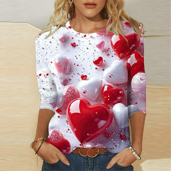 Aobny Women Funny Tshirt Valentine Heart Outfit Pullover Red Crew Neck 3/4 Sleeve Christmas Tops for Women,L