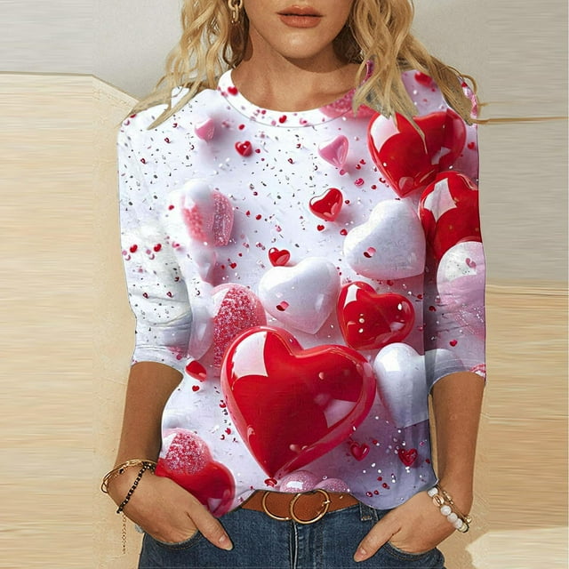 Ounisa T-Shirts de Saint-Valentin à Manches 3/4 Col Rond Imprimé Cœur pour Femmes