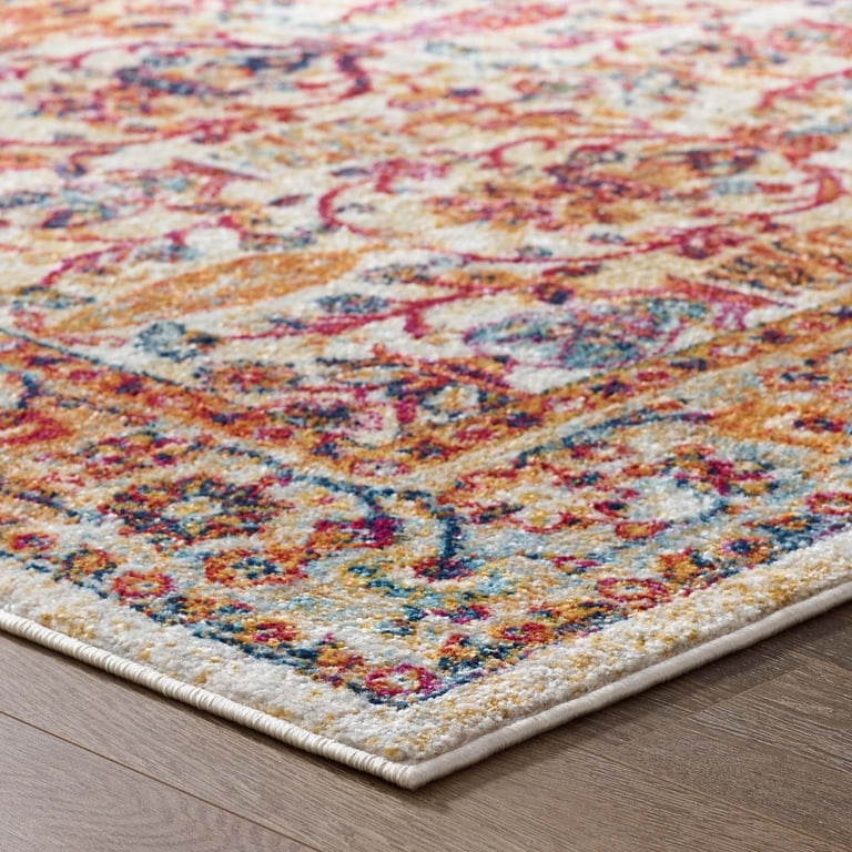 Modway Entourage Jessa Vintage Floral Lattice Area Rug 5'x8' - Distressed Blue/Orange/Yellow Design, Non-Shedding & Stain Resistant