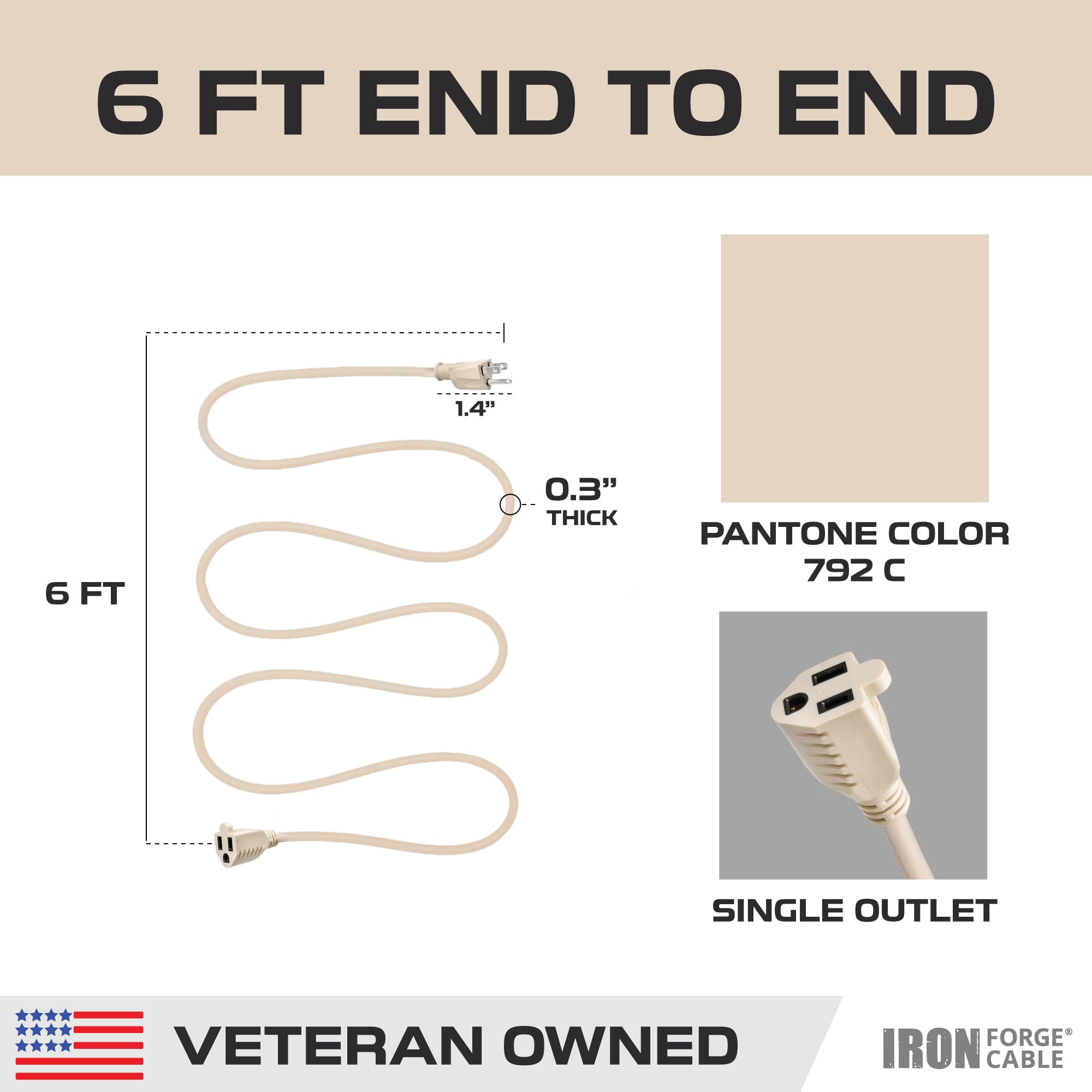 Iron Forge Cable Weatherproof 6 Ft Outdoor Extension Cord - 16/3 SJTW Heavy Duty Light Brown Extension Cord 3 Prong - 13 Amp Exterior Power Cable