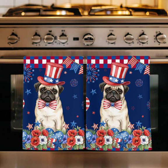 4th of July Kitchen Towels Set of 1, Independence Day Patriotic Flowers Dogs Blue Absorbent Dish Towels for Kitchen, Microfiber Hand Towel, Quick Drying Tea Towel for Cleaning Decorative Dishcloths