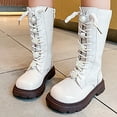 thumbnail image 5 of CAIXIA Girls Leather Lace Up Knee High Boots with Side Zipper Fashion Comfortable Round Toe Low Heel Combat Riding Boots Winter Tall Boots Little Kid/Big Kid,9.5-10 Years,X1112-White, 5 of 8