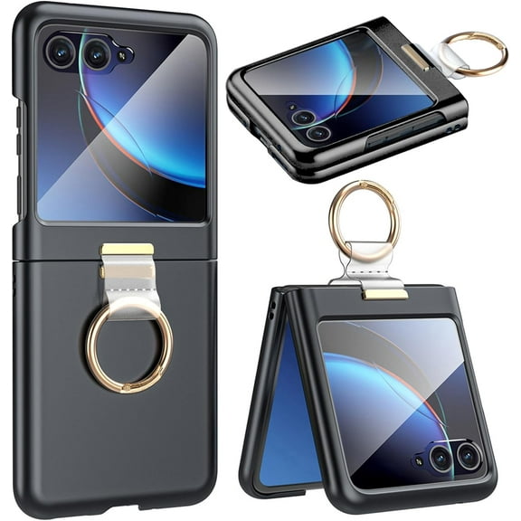 for Motorola Razr  2023 Case with Ring, [Integrated Screen Protector] Slim Hard PC Motorola Rarz Plus Back Cover Full Coverage Phone Case with Ring for Motorola Razr Plus 2023 Black