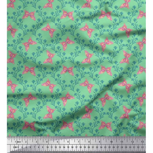 Soimoi Green Georgette Viscose Fabric Flower & Butterfly Print Sewing Fabric BTY 42 Inch Wide