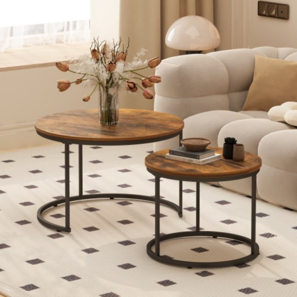 27.6" Nesting Coffee Table Set of 2, Round Wood Marble Pattern Top with Sturdy Metal Frame, Stackable End Tables for Living Room, Bedroom, Office, Rustic Brown & Black