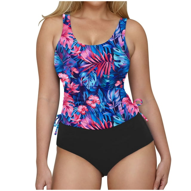 Tankini Swimsuits for Women Two Piece Tummy Control Bathing Suits Ruched Drawstring Swimwear Swim Top with Bottom