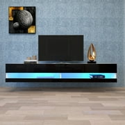 Wall Mounted Media Console Floating TV Stand with 20 Color LEDs W/Shelves, Modern Black Entertainment Center for 80 inch TVs, Home Living Room