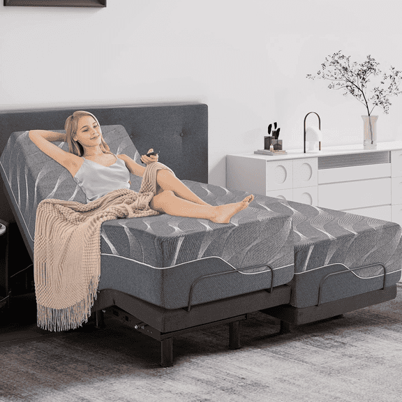 Split King Adjustable Bed Frame with Mattress | 14-Inch Grey Gel Memory Foam Medium-Firm Mattress in Box | Updated Base w/ Thickened Frame, Massage, Wireless Remote & Smart Bed Features