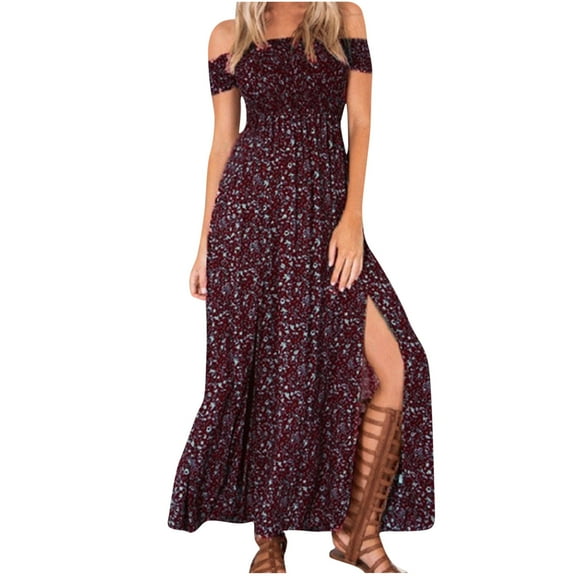 Usmixi Formal Dresses for Women Beach Holiday Vintage Bohemian Empire Waist Slit Wrap Hem Strapless Long Dresses One Line Neck Sleeveless Floral Print Summer Maxi Dress Wine XXL